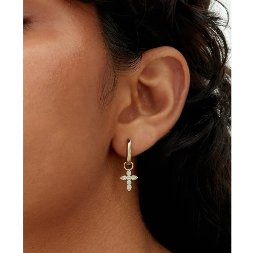 14K Gold Plated Lightweight Drop Dangle Huggie Hoop Cross Earrings